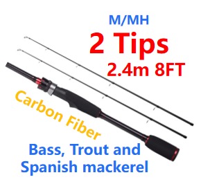 (P2) 3PC fishing rod for lure fishing 2.4m(8FT) with 2 Tips - Medium and Medium Heavy
