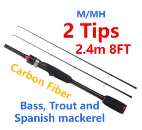 P2) 3PC fishing rod for lure fishing 2.4m(8FT) with 2 Tips